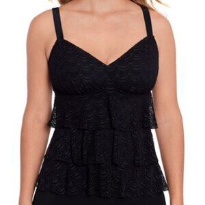 Swim Solutions Women V-Neck Triple Tiered Crochet Tankini Top Black SZ 18 NWT